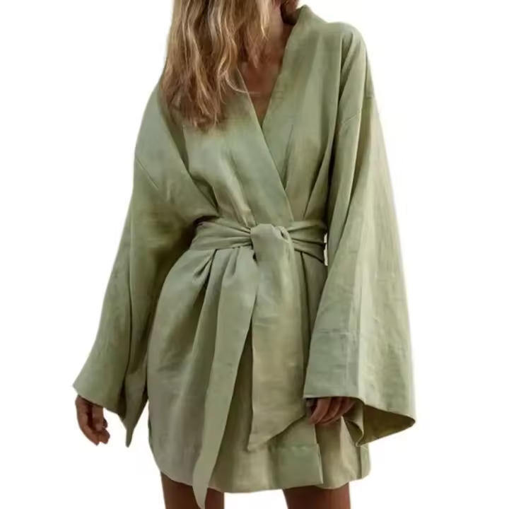 Vestido Cardigan Chic Suave y Cómodo Cuello en V Largo Manga Estilo de Gala con Cintura Suelta - 1