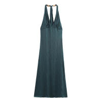 Vestido de Cuello Halter Ouwu Estilo Europeo Americano para Mujer Falda de Textura de Seda con Efecto Arrugado Moda de Otoño Nuevo - details 1