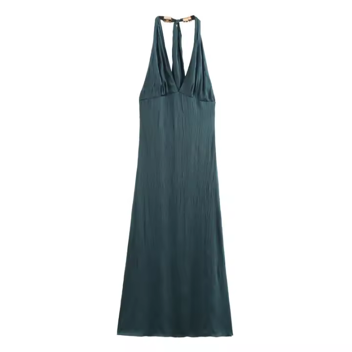 Vestido de Cuello Halter Ouwu Estilo Europeo Americano para Mujer Falda de Textura de Seda con Efecto Arrugado Moda de Otoño Nuevo - 1