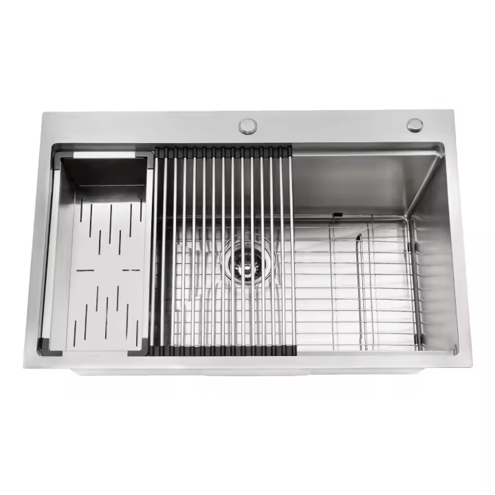 Fregadero de Cocina de Acero Inoxidable Montado en la Superficie, 33x22x10 Pulgadas, Escritorio de Trabajo, Placa de Cortar y Colador Incluidos - 1