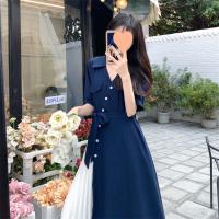 Diseño sentido falso dos piezas de temperamento artístico vestido camisero con cuello en V falda larga de cintura suave francesa de verano para mujer - details 23