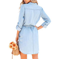 Vestido de mezclilla informal para mujer, Vestido corto de manga larga de Color sólido con solapa abotonada y cinturón - details 3