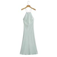 Ropa de mujer europea y americana temperamento de moda vestido versátil de satén de seda con tirantes verde y negro - details 6