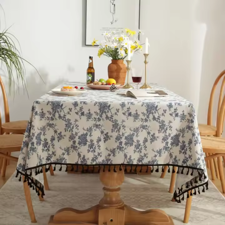 Mantel de Mesa de Algodón y Lino con Estampado de Peonía Cubierta de Mesa Floral Circular con Borla para Bodas y Fiestas - 1