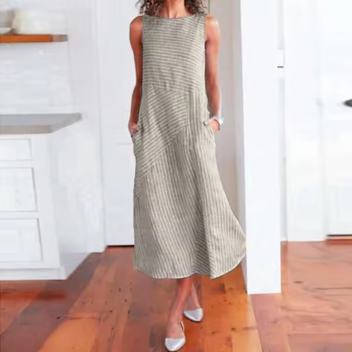 Vestidos informales sin mangas para mujer, Vestidos largos estampados a rayas Vintage para playa, vestido veraniego holgado para mujer 2025 con bolsillos - 1