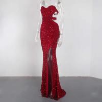 Vestido de noche sin mangas con abertura y lentejuelas elásticas brillantes para fiesta, sin tirantes, hasta el suelo, sin espalda acolchada - details 5