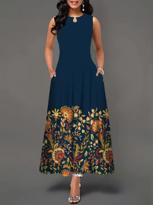 vestido largo hemian de verano para mujer, elegante, sin mangas, estampado, dre, elegante, sin mangas, estampado, - 1