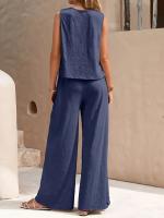 Conjunto de chaleco de cuello redondo y pantalones de pierna ancha para mujer, elegante, de dos piezas, color sólido, 2025 - details 2