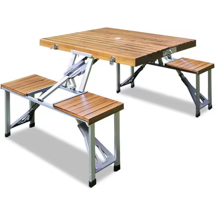 Plegable de Camping 85x72cm 4 Taburetes Aluminio y Madera Picnic Mesita Jardín Función Maleta - 1