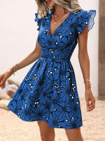 Vestido corto informal con estampado Floral para mujer, minivestido de calle con manga con volantes, color azul S - details 4