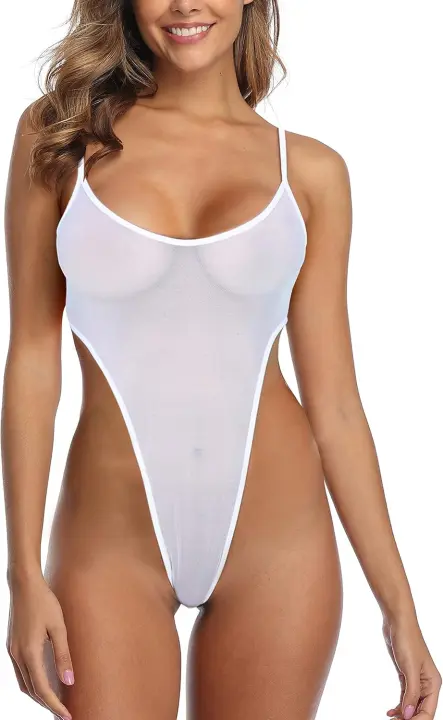 Traje de baño de una pieza, corte alto, mini bikini de malla transparente - 1