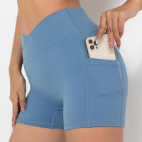 Pantalones cortos de gimnasio para mujer, yoga con bolsillo, leggings Fiess, pantalones cortos de cintura alta - details 6
