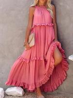 2025-Vestido largo de fiesta con volantes para mujer, traje Sexy sin mangas, ropa de baile, línea A, bohemio, vacaciones - details 0