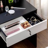 Juego de tocador de mesa de maquillaje con taburete acolchado grande, espejo + varios estantes abiertos + 4 cajones de madera natural - details 15