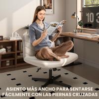 Silla de Oficina sin Reudas, Silla Piernas Cruzadas con Función Mecedora, Silla de Escritorio Ancha para Juegos, Silla de Maquillaje sin Brazos para Casa, Marfil - details 22