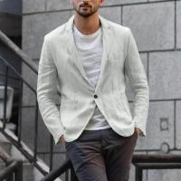Blazer Delgado de Algodón y Lino para Hombres Color Sólido, Manga Larga, Bolsillos, Ligero para el Verano, Chaqueta Casual de Negocios - details 11