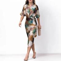 BUNO-Vestido largo elegante para mujer, informal, de verano, para oficina, corto sólido, manga con cuello en V, longitud de la cintura con cinturón, vestidos de fiesta con abertura y lazo - details 1