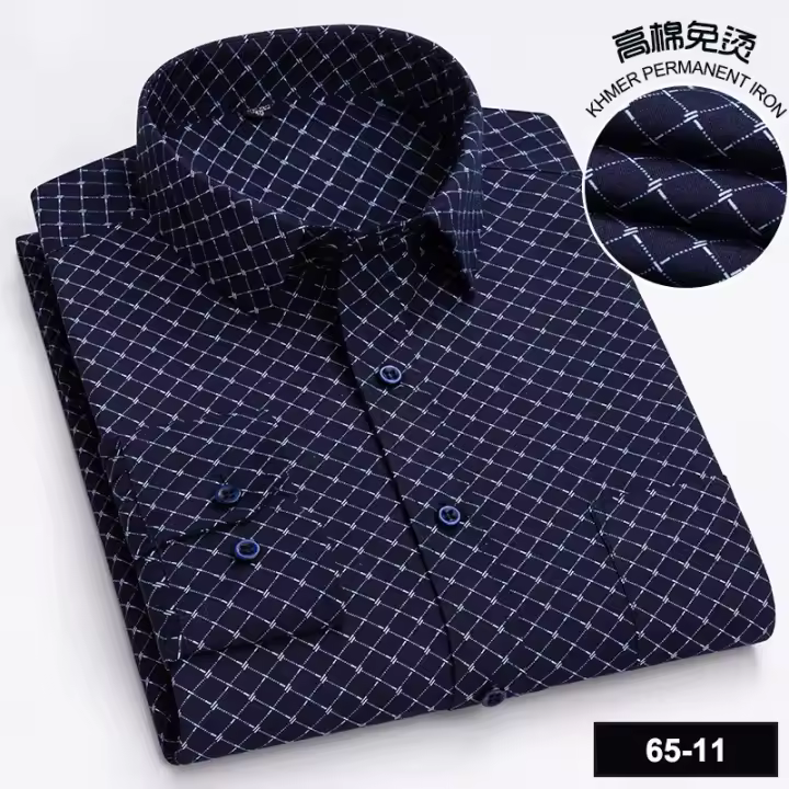 Camisa de manga larga informal de negocios para primavera y otoño a cuadros a rayas de algodón de alto recuento sin hierro y moda ajustada - 1