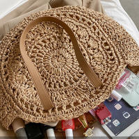 Bolso redondo de paja para mujer, bolsa de hombro de gran capacidad, tejido hueco, informal, ideal para ir de compras - details 14