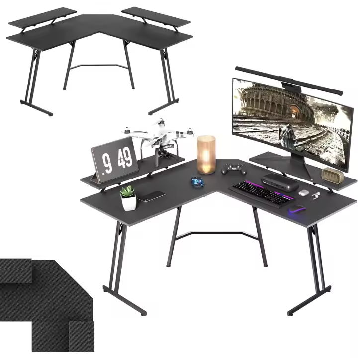 Escritorio para gaming en forma de L, superficie de fibra de carbono, ergonómica, grande, para ordenador, 120x120 cm - 1
