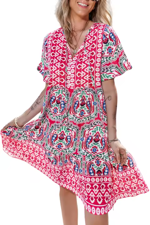 Elrachen Vestido corto con dobladillo con volantes y cuello con lazo y estampado bohemio para mujer, rosa, tallas S-2XL - 1