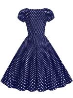Elegant vintage dot print women summer puff short sleeve v neck casual a-line midi party dress - details 7
