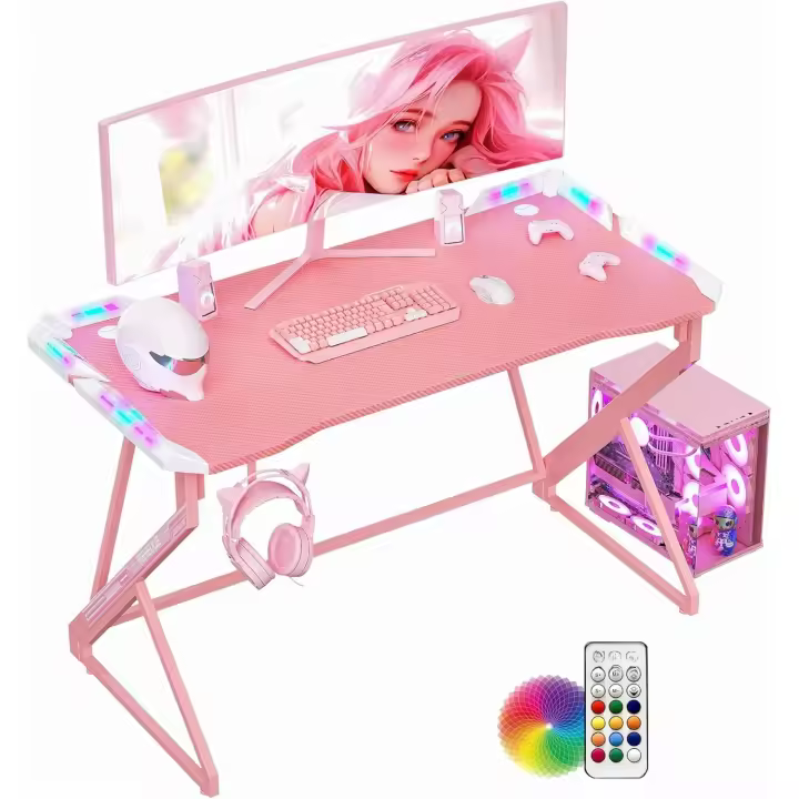 Escritorio Gaming con LED - 100x60cm Mesa Gamer Ordenador Esport Ergonómico, Marco Z Fibra de Carbono Estable Fácil de Montar, Gancho Auriculares para Juegos Estudiar Trabajar Hogar Dormitorio - 1