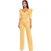 Amarillo para XXL moda cuello en V mamelucos de manga corta monos de mujer 2023 Club Up mono de cintura alta - details 0