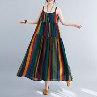 Vestido de Lino de Algodón a Rayas de Color Bloque Falda A-Línea de Moda de Verano con Cintura Suelta y sin Correas Vestido Largo Artístico para Mujeres - details 5