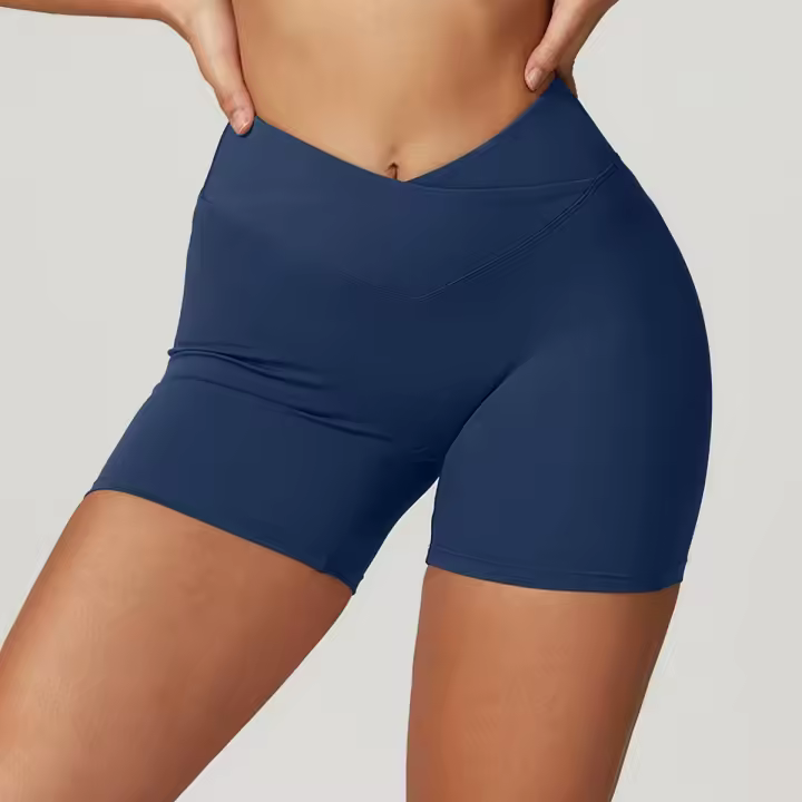 Pantalones cortos de gimnasio para mujer, pantalones cortos de Yoga lisos, mallas cortas cruzadas para Fitness, pantalones cortos para correr de cintura alta, ropa corta de entrenamiento elástica - 1
