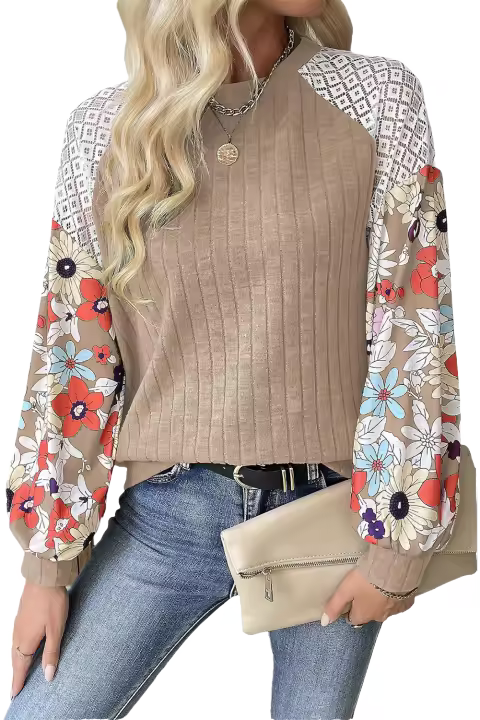 Elrachen Blusa acanalada de manga larga con retazos florales para mujer, pergamino, tallas S-2XL - 1