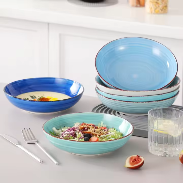 Cuencos para pasta de 38 onzas, ensaladeras de cerámica, juego de 6, cuencos para sopa aptos para microondas y lavavajillas, cuencos para servir, colores Azul - 1