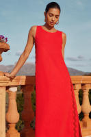 2025 Primavera/Novedad de verano moda Casual sin mangas cuello redondo Color sólido empalme encaje Split vestido de longitud media para mujeres - details 7