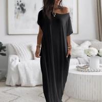 Vestido de salón con mangas de murciélago de color sólido para mujer, camisón de manga corta cómodo e informal para uso diario, ropa de dormir para todas las estaciones - details 0