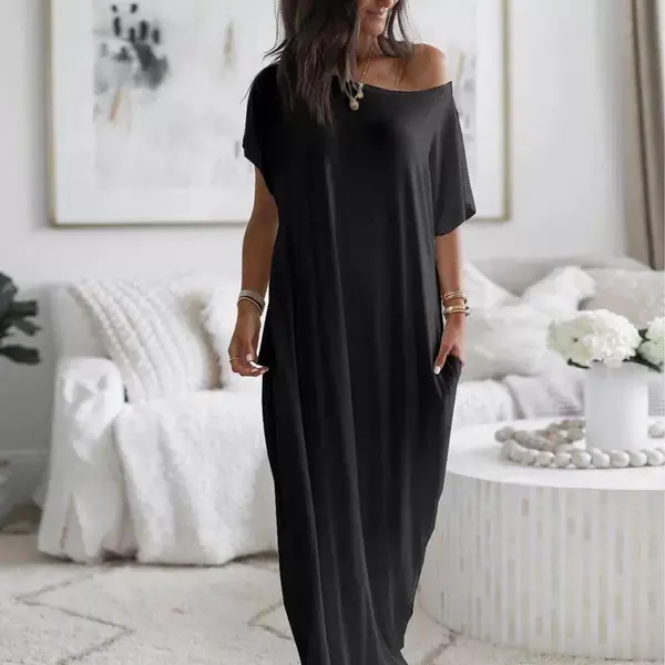 Vestido de salón con mangas de murciélago de color sólido para mujer, camisón de manga corta cómodo e informal para uso diario, ropa de dormir para todas las estaciones - 1