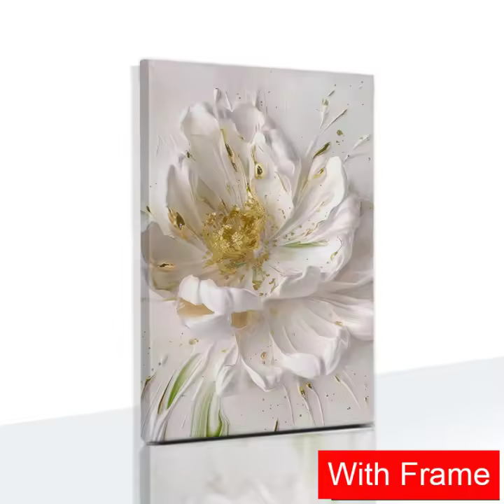 Pintura al óleo blanca enmarcada, lienzo de flores, imagen impresa, póster minimalista, decoración artística de pared para sala de estar - 1