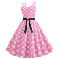 Vestido midi retro de fiesta con estampado de lunares, tirantes finos y cinturón para mujer - details 33