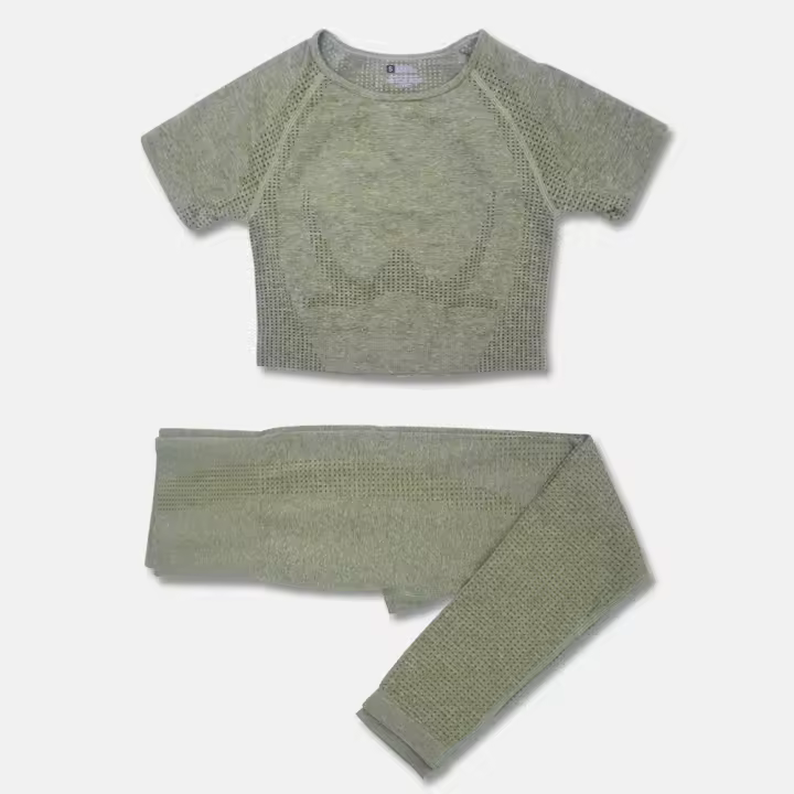 Conjunto deportivo de Yoga sin costuras para mujer, ropa de entrenamiento, Top corto de manga corta, Leggings de cintura alta, 2 piezas - 1