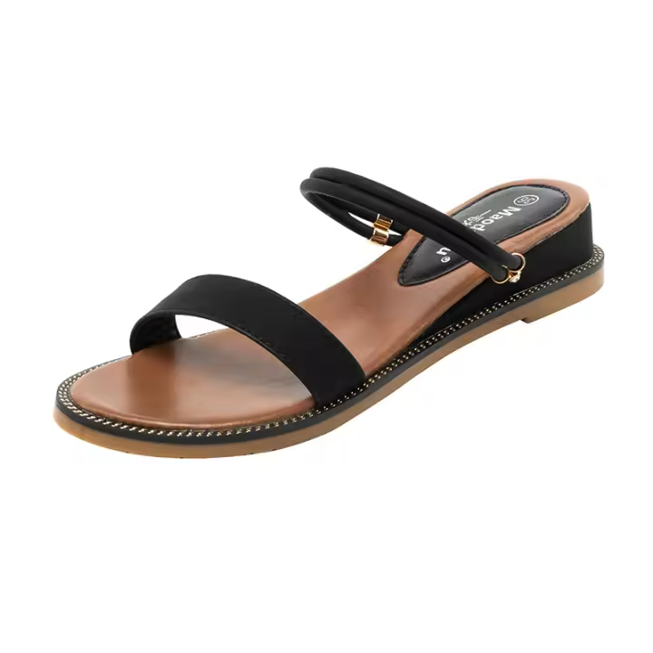Sandalias planas informales con una sola correa para mujer, zapatillas con tacón de cuña bidireccional, sandalias romanas retro de color sólido con espalda abierta - 1