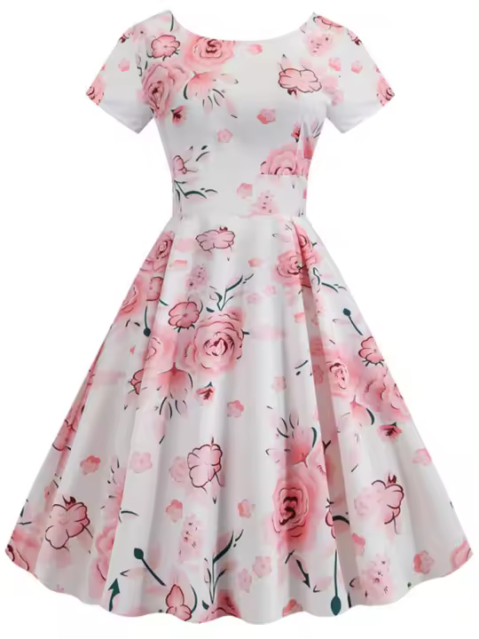 Vestido vintage de manga corta ajustado para mujer, elegante, con estampado floral, corte en A, para fiesta, verano - 1