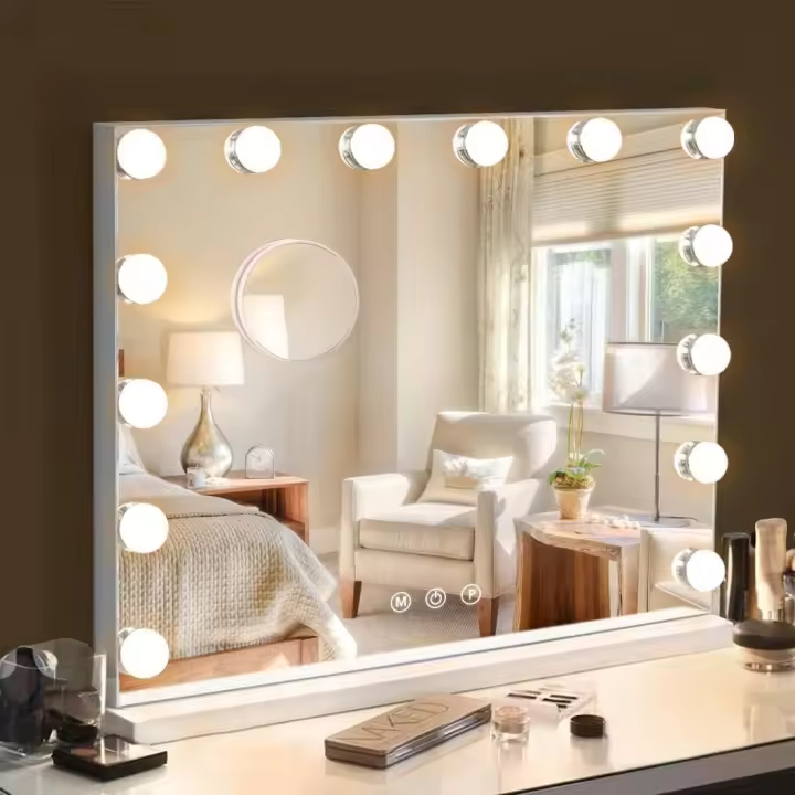 Espejo de maquillaje con luz y Bluetooth, espejo de tocador con 15 lámparas LED regulables, puerto de carga USB, espejo de maquillaje estilo Hollywood, espejo grande de maquillaje. - 1