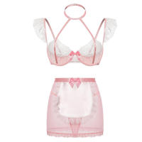 Lencería Sexy para mujer, conjunto de sujetador de encaje con realce, ropa interior, disfraz de sirvienta con aros - details 2