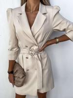 Vestido de chaqueta de traje con cuello estampado de manga larga cómodo y elegante a la moda para mujer con cinturón - details 3