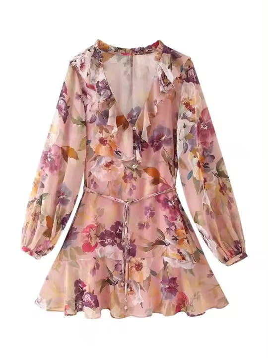 XNWMNZ 2025 primavera nueva ropa de mujer vestido con botones vanguardistas glamuroso otoño mujer cuello en V vestidos de manga larga volantes ral - 1