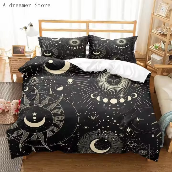 Juego de Ropa de Cama con Estampado de Sol y Luna Negra: Funda de Edredón Sábana Bohemia para Adultos Tamaño Twin Queen King - 1
