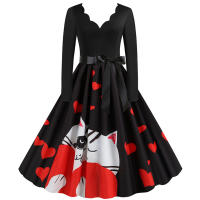 Women plaid print long sleeve vintage a line party dress v neck - details 101