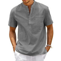 Camisa De Algodón Y Lino Para Hombre Estilo Casual Vintage Con Bolsillo Y Cuello Henley Camiseta De Color Sólido Para Playa Y Calle - details 4