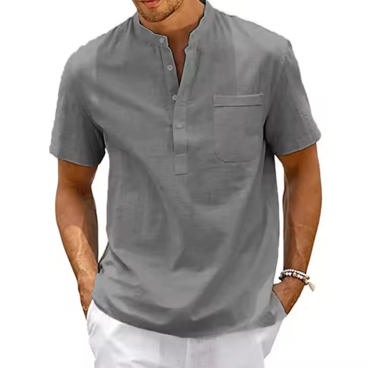 Camisa De Algodón Y Lino Para Hombre Estilo Casual Vintage Con Bolsillo Y Cuello Henley Camiseta De Color Sólido Para Playa Y Calle - 1