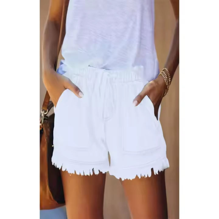 Pantalones cortos de mezclilla delgados de cintura alta informales con cordón de cintura elástica - 1