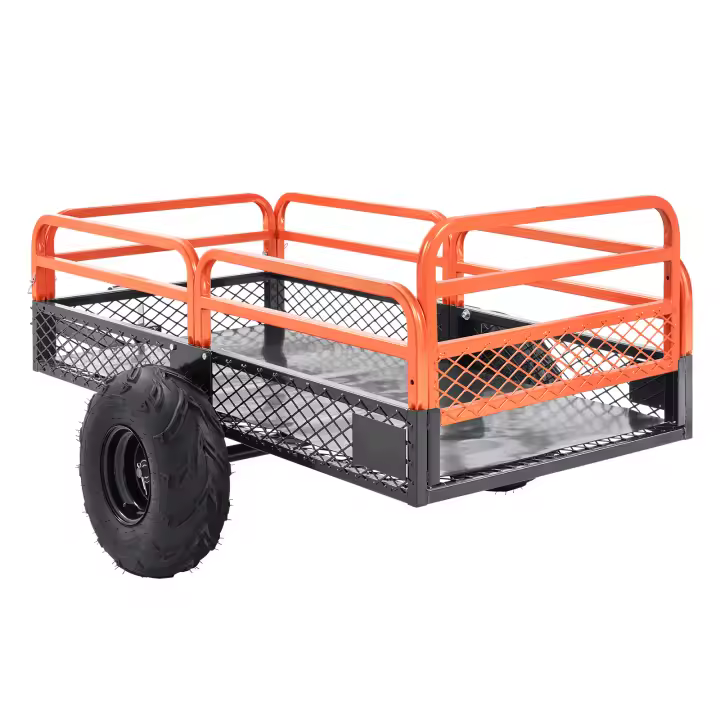 SucceBuy Remolque volquete ATV de acero resistente, capacidad de carga de 1500 libras, 15 pies cúbicos, remolque detrás del carro volquete con lados extraíbles y 2 neumáticos, para cortacésped, tractores, ATV, UTV - 1